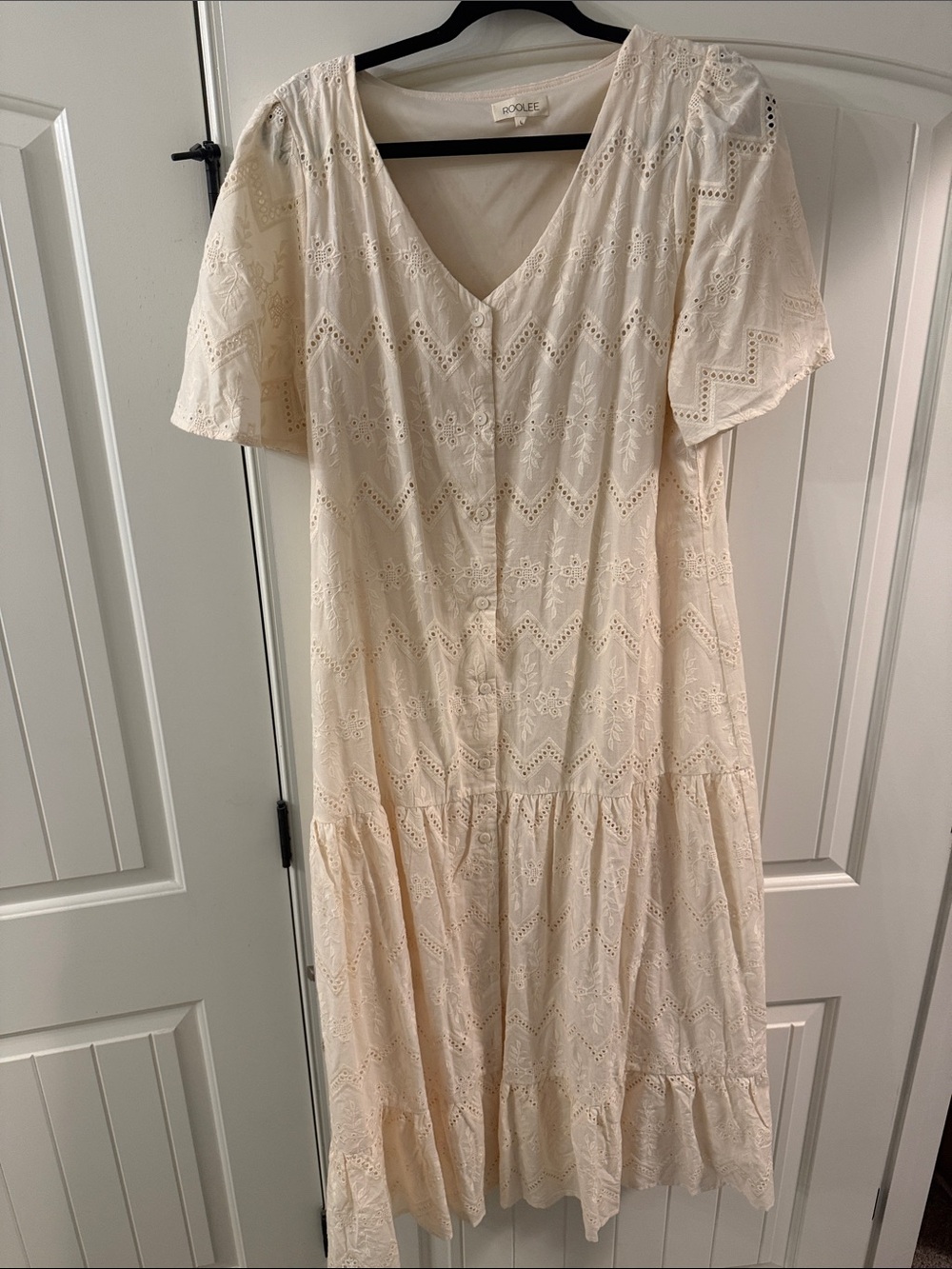 Roolee Cream Eyelet Maxi Dress with Button Front